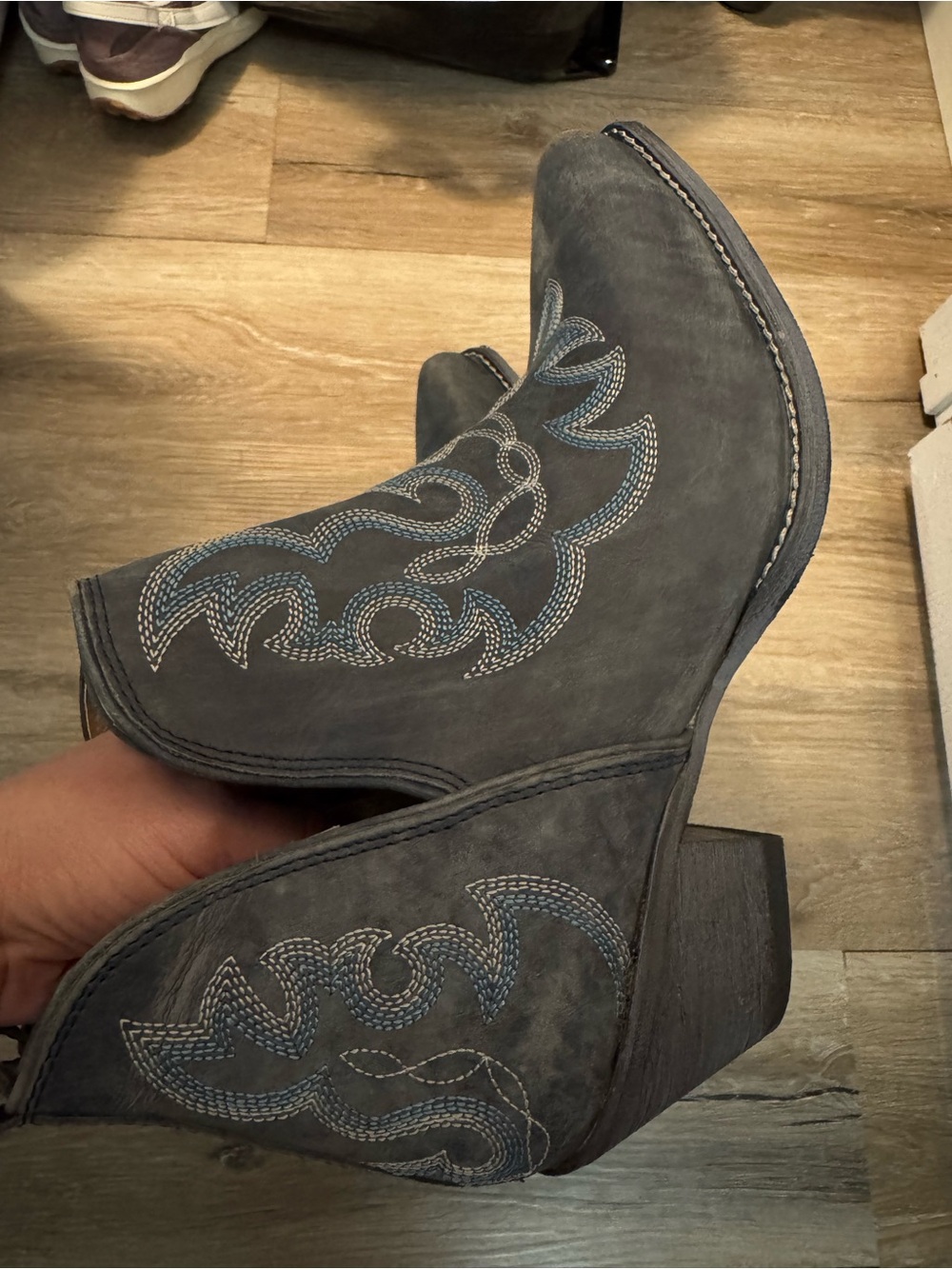 Myra Bag Gray Suede Western Ankle Booties with Embroidered Detail - Picture 6 of 7
